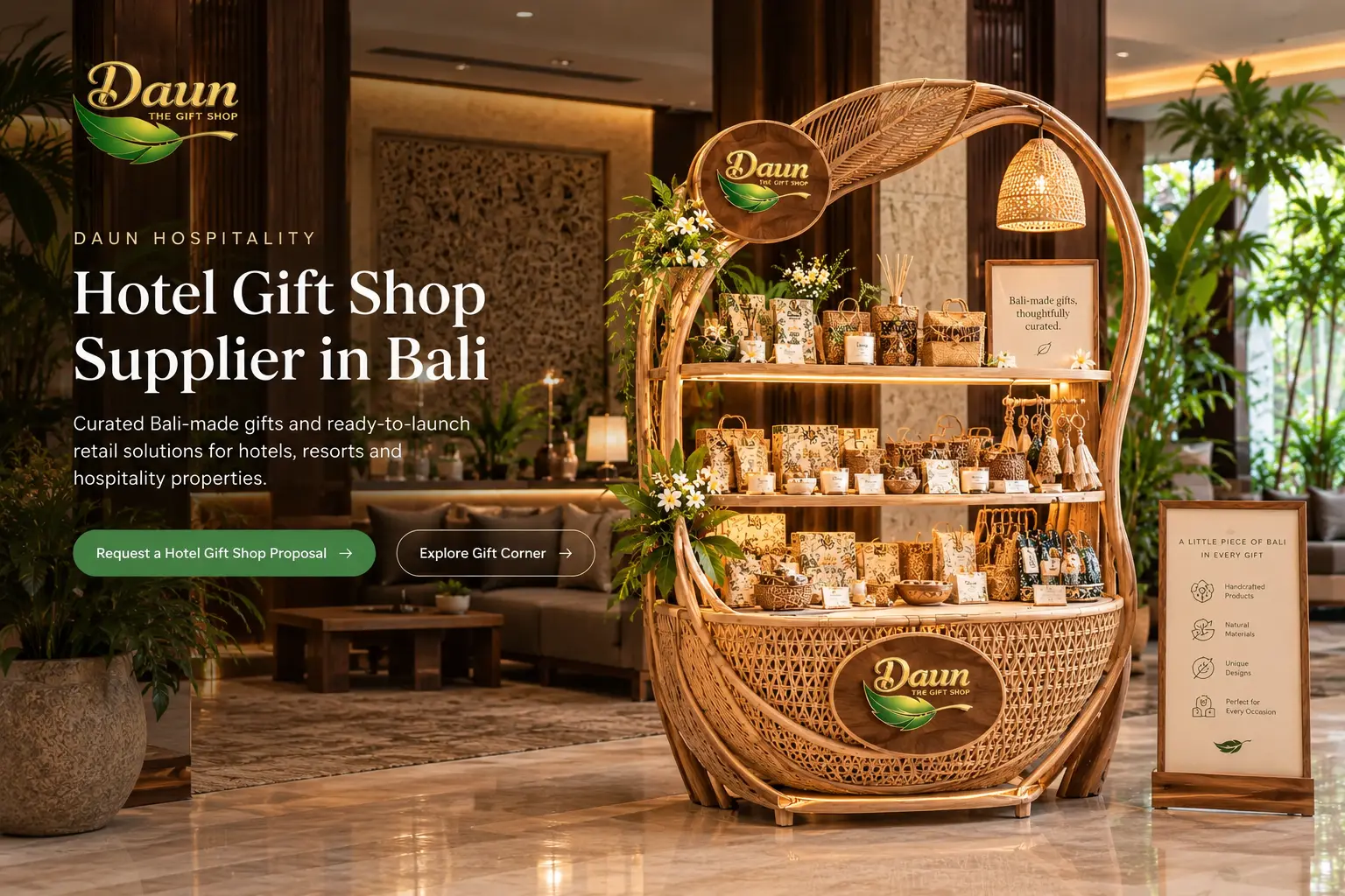 Hotel gift shop environment with curated Bali-made products on display